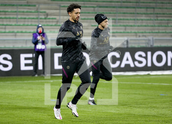2021-01-06 - Marquinhos, Kylian Mbappe of PSG warm up before the French championship Ligue 1 football match between AS Saint-Etienne (ASSE) and Paris Saint-Germain (PSG) on January 6, 2021 at stade Geoffroy Guichard in Saint-Etienne, France - Photo Jean Catuffe / DPPI - AS SAINT-ETIENNE (ASSE) VS PARIS SAINT-GERMAIN (PSG) - FRENCH LIGUE 1 - SOCCER