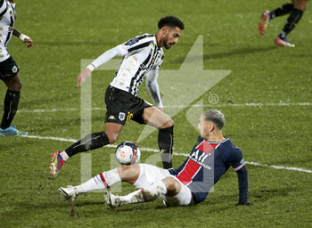 2021-01-16 - Angelo Fulgini of Angers, Leandro Paredes of PSG during the French championship Ligue 1 football match between Angers SCO and Paris Saint-Germain on January 16, 2021 at Stade Raymond Kopa in Angers, France - Photo Jean Catuffe / DPPI - ANGERS SCO AND PARIS SAINT-GERMAIN - FRENCH LIGUE 1 - SOCCER