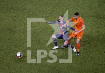 2021-01-22 - Marco Verratti of PSG, Damien Le Tallec of Montpellier of Montpellier during the French championship Ligue 1 football match between Paris Saint-Germain (PSG) and Montpellier HSC (MHSC) on January 22, 2021 at Parc des Princes stadium in Paris, France - Photo Jean Catuffe / DPPI - PARIS SAINT-GERMAIN (PSG) AND MONTPELLIER HSC (MHSC) - FRENCH LIGUE 1 - SOCCER