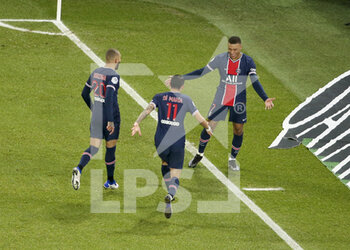 2021-01-22 - Kylian Mbappe of PSG celebrates his first goal with Layvin Kurzawa, Angel Di Maria during the French championship Ligue 1 football match between Paris Saint-Germain (PSG) and Montpellier HSC (MHSC) on January 22, 2021 at Parc des Princes stadium in Paris, France - Photo Jean Catuffe / DPPI - PARIS SAINT-GERMAIN (PSG) AND MONTPELLIER HSC (MHSC) - FRENCH LIGUE 1 - SOCCER