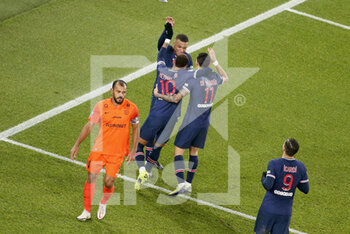 2021-01-22 - Neymar Jr of PSG celebrates his goal with Kylian Mbappe of PSG, Angel Di Maria while Vitorino Hilton of Montpellier looks on during the French championship Ligue 1 football match between Paris Saint-Germain (PSG) and Montpellier HSC (MHSC) on January 22, 2021 at Parc des Princes stadium in Paris, France - Photo Jean Catuffe / DPPI - PARIS SAINT-GERMAIN (PSG) AND MONTPELLIER HSC (MHSC) - FRENCH LIGUE 1 - SOCCER