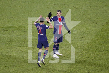 2021-01-22 - Mauro Icardi of PSG celebrates his goal with Angel Di Maria (left) during the French championship Ligue 1 football match between Paris Saint-Germain (PSG) and Montpellier HSC (MHSC) on January 22, 2021 at Parc des Princes stadium in Paris, France - Photo Jean Catuffe / DPPI - PARIS SAINT-GERMAIN (PSG) AND MONTPELLIER HSC (MHSC) - FRENCH LIGUE 1 - SOCCER