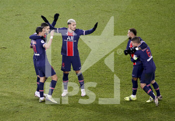 2021-01-22 - Mauro Icardi of PSG celebrates his goal with Angel Di Maria, Leandro Paredes, Neymar Jr, Marco Verratti during the French championship Ligue 1 football match between Paris Saint-Germain (PSG) and Montpellier HSC (MHSC) on January 22, 2021 at Parc des Princes stadium in Paris, France - Photo Jean Catuffe / DPPI - PARIS SAINT-GERMAIN (PSG) AND MONTPELLIER HSC (MHSC) - FRENCH LIGUE 1 - SOCCER