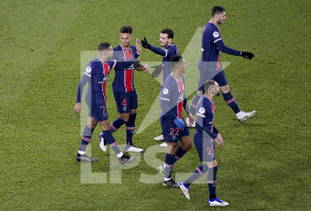 2021-01-22 - Kylian Mbappe of PSG (left) celebrates his second goal with Thilo Kehrer, Alessandro Florenzi and teammates during the French championship Ligue 1 football match between Paris Saint-Germain (PSG) and Montpellier HSC (MHSC) on January 22, 2021 at Parc des Princes stadium in Paris, France - Photo Jean Catuffe / DPPI - PARIS SAINT-GERMAIN (PSG) AND MONTPELLIER HSC (MHSC) - FRENCH LIGUE 1 - SOCCER