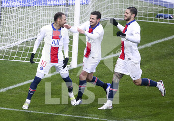 2021-01-31 - Neymar Jr of PSG celebrates his second goal on a penalty kick with Alessandro Florenzi, Mauro Icardi during the French championship Ligue 1 football match between FC Lorient and Paris Saint-Germain on January 31, 2021 at Stade du Moustoir - Yves Allainmat in Lorient, France - Photo Jean Catuffe / DPPI - FC LORIENT AND PARIS SAINT-GERMAIN - FRENCH LIGUE 1 - SOCCER