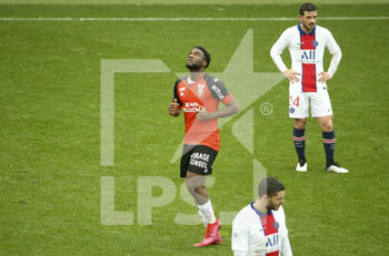 2021-01-31 - Terem Moffi of Lorient celebrates his winning goal at the last minute while Alessandro Florenzi of PSG looks on during the French championship Ligue 1 football match between FC Lorient and Paris Saint-Germain on January 31, 2021 at Stade du Moustoir - Yves Allainmat in Lorient, France - Photo Jean Catuffe / DPPI - FC LORIENT AND PARIS SAINT-GERMAIN - FRENCH LIGUE 1 - SOCCER