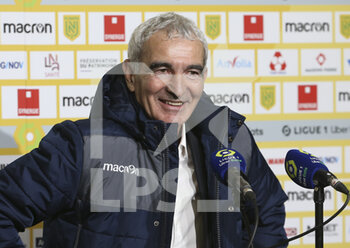 2021-01-31 - Coach of FC Nantes Raymond Domenech answers to the media during the post-match press conference following the French championship Ligue 1 football match between FC Nantes and AS Monaco on January 31, 2021 at Stade de La Beaujoire - Louis Fonteneau in Nantes, France - Photo Jean Catuffe / DPPI - FC NANTES AND AS MONACO - FRENCH LIGUE 1 - SOCCER