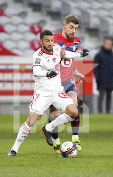 2021-02-14 - Haris Belkebla of Brest, Xeka of Lille during the French championship Ligue 1 football match between Lille OSC (LOSC) and Stade Brestois 29 (Brest) on February 14, 2021 at Stade Pierre Mauroy in Villeneuve-d'Ascq near Lille, France - Photo Jean Catuffe / DPPI - LILLE OSC (LOSC) AND STADE BRESTOIS 29 (BREST) - FRENCH LIGUE 1 - SOCCER