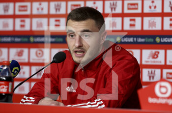 2021-02-14 - Brendan Chardonnet of Brest during the press conference following the French championship Ligue 1 football match between Lille OSC (LOSC) and Stade Brestois 29 (Brest) on February 14, 2021 at Stade Pierre Mauroy in Villeneuve-d'Ascq near Lille, France - Photo Jean Catuffe / DPPI - LILLE OSC (LOSC) AND STADE BRESTOIS 29 (BREST) - FRENCH LIGUE 1 - SOCCER
