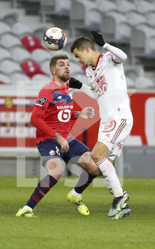 2021-02-14 - Xeka of Lille, Romain Faivre of Brest during the French championship Ligue 1 football match between Lille OSC (LOSC) and Stade Brestois 29 (Brest) on February 14, 2021 at Stade Pierre Mauroy in Villeneuve-d'Ascq near Lille, France - Photo Jean Catuffe / DPPI - LILLE OSC (LOSC) AND STADE BRESTOIS 29 (BREST) - FRENCH LIGUE 1 - SOCCER