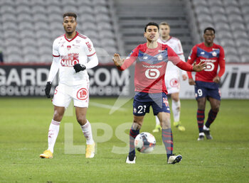 2021-02-14 - Benjamin Andre of Lille, Steve Mounie of Brest (left) during the French championship Ligue 1 football match between Lille OSC (LOSC) and Stade Brestois 29 (Brest) on February 14, 2021 at Stade Pierre Mauroy in Villeneuve-d'Ascq near Lille, France - Photo Jean Catuffe / DPPI - LILLE OSC (LOSC) AND STADE BRESTOIS 29 (BREST) - FRENCH LIGUE 1 - SOCCER