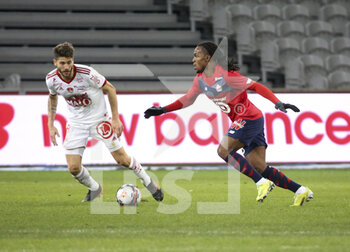 2021-02-14 - Renato Sanches of Lille, Paul Lasne of Brest (left) during the French championship Ligue 1 football match between Lille OSC (LOSC) and Stade Brestois 29 (Brest) on February 14, 2021 at Stade Pierre Mauroy in Villeneuve-d'Ascq near Lille, France - Photo Jean Catuffe / DPPI - LILLE OSC (LOSC) AND STADE BRESTOIS 29 (BREST) - FRENCH LIGUE 1 - SOCCER