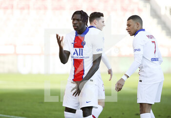 2021-02-27 - Moise Kean of PSG celebrates his goal during the French championship Ligue 1 football match between Dijon FCO (DFCO) and Paris Saint-Germain (PSG) on February 27, 2021 at Stade Gaston Gerard in Dijon, France - Photo Jean Catuffe / DPPI - DIJON FCO (DFCO) AND PARIS SAINT-GERMAIN (PSG) - FRENCH LIGUE 1 - SOCCER
