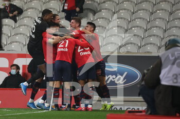 2021-03-03 - Congratulations team losc after goal David 9 during the French championship Ligue 1 football match between Lille OSC and Olympique de Marseille on March 3, 2021 at Pierre Mauroy stadium in Villeneuve-d'Ascq near Lille, France - Photo Laurent Sanson / LS Medianord / DPPI - LILLE OSC AND OLYMPIQUE DE MARSEILLE - FRENCH LIGUE 1 - SOCCER