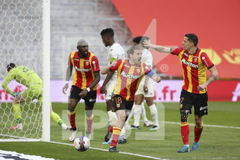 2021-03-14 - Yannick Cahuzac of Lens celebrates his goal with Florian Sotoca of Lens during the French championship Ligue 1 football match between RC Lens and FC Metz on March 14, 2021 at Stade Bollaert-Delelis in Lens, France - Photo Jean Catuffe / DPPI - RC LENS AND FC METZ - FRENCH LIGUE 1 - SOCCER