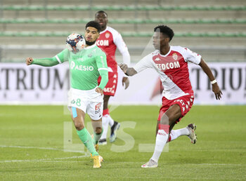 2021-03-19 - Mahdi Camara of Saint-Etienne, Aurelien Tchouameni of Monaco during the French championship Ligue 1 football match between AS Saint-Etienne (ASSE) and AS Monaco (ASM) on March 19, 2021 at Stade Geoffroy Guichard in Saint-Etienne, France - Photo Jean Catuffe / DPPI - AS SAINT-ETIENNE (ASSE) AND AS MONACO (ASM) - FRENCH LIGUE 1 - SOCCER