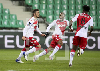 2021-03-19 - Stevan Jovetic of Monaco celebrates his goal with Djibril Sidibe during the French championship Ligue 1 football match between AS Saint-Etienne (ASSE) and AS Monaco (ASM) on March 19, 2021 at Stade Geoffroy Guichard in Saint-Etienne, France - Photo Jean Catuffe / DPPI - AS SAINT-ETIENNE (ASSE) AND AS MONACO (ASM) - FRENCH LIGUE 1 - SOCCER