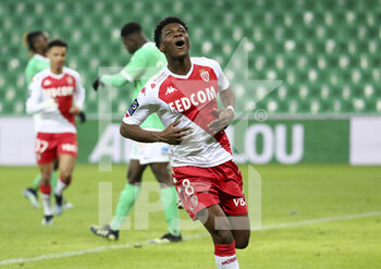 2021-03-19 - Aurelien Tchouameni of Monaco celebrates his goal during the French championship Ligue 1 football match between AS Saint-Etienne (ASSE) and AS Monaco (ASM) on March 19, 2021 at Stade Geoffroy Guichard in Saint-Etienne, France - Photo Jean Catuffe / DPPI - AS SAINT-ETIENNE (ASSE) AND AS MONACO (ASM) - FRENCH LIGUE 1 - SOCCER