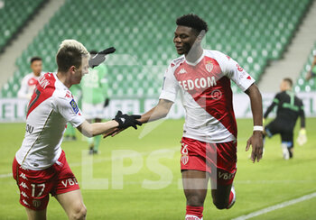 2021-03-19 - Aurelien Tchouameni of Monaco celebrates his goal with Aleksandr Golovin during the French championship Ligue 1 football match between AS Saint-Etienne (ASSE) and AS Monaco (ASM) on March 19, 2021 at Stade Geoffroy Guichard in Saint-Etienne, France - Photo Jean Catuffe / DPPI - AS SAINT-ETIENNE (ASSE) AND AS MONACO (ASM) - FRENCH LIGUE 1 - SOCCER