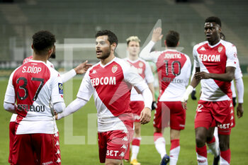 2021-03-19 - Sofiane Diop of Monaco #37 celebrates his goal with Kevin Volland and teammates during the French championship Ligue 1 football match between AS Saint-Etienne (ASSE) and AS Monaco (ASM) on March 19, 2021 at Stade Geoffroy Guichard in Saint-Etienne, France - Photo Jean Catuffe / DPPI - AS SAINT-ETIENNE (ASSE) AND AS MONACO (ASM) - FRENCH LIGUE 1 - SOCCER