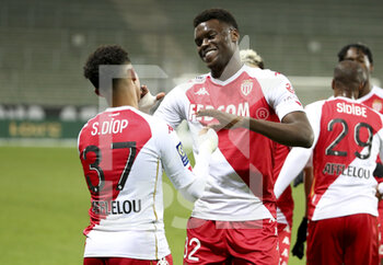 2021-03-19 - Sofiane Diop of Monaco #37 celebrates his goal with Benoit Badiashile during the French championship Ligue 1 football match between AS Saint-Etienne (ASSE) and AS Monaco (ASM) on March 19, 2021 at Stade Geoffroy Guichard in Saint-Etienne, France - Photo Jean Catuffe / DPPI - AS SAINT-ETIENNE (ASSE) AND AS MONACO (ASM) - FRENCH LIGUE 1 - SOCCER