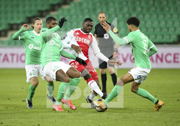 2021-03-19 - Youssouf Fofana of Monaco between Maxence Rivera, Anthony Modeste, Mahdi Camara of Saint-Etienne during the French championship Ligue 1 football match between AS Saint-Etienne (ASSE) and AS Monaco (ASM) on March 19, 2021 at Stade Geoffroy Guichard in Saint-Etienne, France - Photo Jean Catuffe / DPPI - AS SAINT-ETIENNE (ASSE) AND AS MONACO (ASM) - FRENCH LIGUE 1 - SOCCER