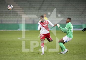 2021-03-19 - Djibril Sidibe of Monaco, Zaydou Youssouf of Saint-Etienne during the French championship Ligue 1 football match between AS Saint-Etienne (ASSE) and AS Monaco (ASM) on March 19, 2021 at Stade Geoffroy Guichard in Saint-Etienne, France - Photo Jean Catuffe / DPPI - AS SAINT-ETIENNE (ASSE) AND AS MONACO (ASM) - FRENCH LIGUE 1 - SOCCER