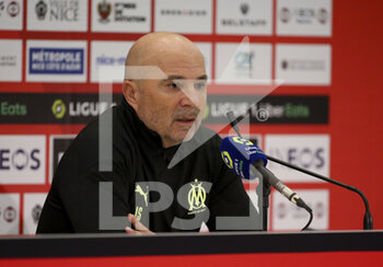 2021-03-20 - Coach of Olympique de Marseille Jorge Sampaoli answers to the media during the post-match press conference following the French championship Ligue 1 football match between OGC Nice and Olympique de Marseille (OM) on March 20, 2021 at Allianz Riviera stadium in Nice, France - Photo Jean Catuffe / DPPI - OGC NICE AND OLYMPIQUE DE MARSEILLE (OM) - FRENCH LIGUE 1 - SOCCER