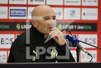 2021-03-20 - Coach of Olympique de Marseille Jorge Sampaoli answers to the media during the post-match press conference following the French championship Ligue 1 football match between OGC Nice and Olympique de Marseille (OM) on March 20, 2021 at Allianz Riviera stadium in Nice, France - Photo Jean Catuffe / DPPI - OGC NICE AND OLYMPIQUE DE MARSEILLE (OM) - FRENCH LIGUE 1 - SOCCER