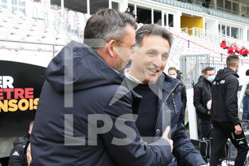 2021-04-11 - Coach Lorient Stéphane Pelissier and coach RC Lens Franck Haise during the French championship Ligue 1 football match between RC Lens and FC Lorient on April 11, 2021 at Bollaert-Delelis stadium in Lens, France - Photo Laurent Sanson / LS Medianord / DPPI - RC LENS VS FC LORIENT - FRENCH LIGUE 1 - SOCCER