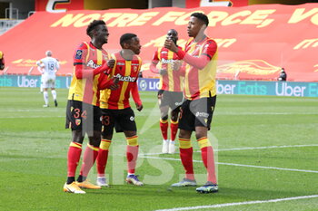 2021-04-11 - Celebration goal Simon Banza 23 RC Lens during the French championship Ligue 1 football match between RC Lens and FC Lorient on April 11, 2021 at Bollaert-Delelis stadium in Lens, France - Photo Laurent Sanson / LS Medianord / DPPI - RC LENS VS FC LORIENT - FRENCH LIGUE 1 - SOCCER