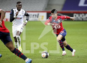 2021-04-16 - Luiz Araujo of Lille, Junior Sambia of Montpellier (left) during the French championship Ligue 1 football match between LOSC and Montpellier HSC on April 16, 2021 at Pierre Mauroy stadium in Villeneuve-d'Ascq near Lille, France - Photo Jean Catuffe / DPPI - LOSC VS MONTPELLIER HSC - FRENCH LIGUE 1 - SOCCER