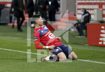 2021-04-16 - Luiz Araujo of Lille celebrates his goal during the French championship Ligue 1 football match between LOSC and Montpellier HSC on April 16, 2021 at Pierre Mauroy stadium in Villeneuve-d'Ascq near Lille, France - Photo Jean Catuffe / DPPI - LOSC VS MONTPELLIER HSC - FRENCH LIGUE 1 - SOCCER