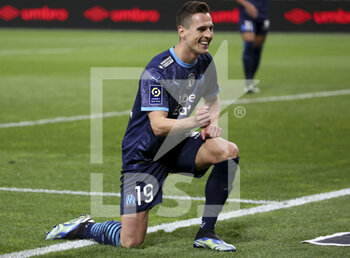 2021-04-23 - Arkadiusz Milik of Marseille celebrates his goal (ultimately cancelled) during the French championship Ligue 1 football match between Stade de Reims and Olympique de Marseille (OM) on April 23, 2021 at Stade Auguste Delaune in Reims, France - Photo Jean Catuffe / DPPI - STADE DE REIMS VS OLYMPIQUE DE MARSEILLE (OM) - FRENCH LIGUE 1 - SOCCER