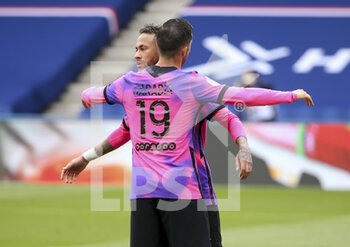 2021-05-01 - Neymar Jr of PSG celebrates his goal with Pablo Sarabia during the French championship Ligue 1 football match between Paris Saint-Germain (PSG) and RC Lens on May 1, 2021 at Parc des Princes stadium in Paris, France - Photo Jean Catuffe / DPPI - PARIS SAINT-GERMAIN (PSG) VS RC LENS - FRENCH LIGUE 1 - SOCCER