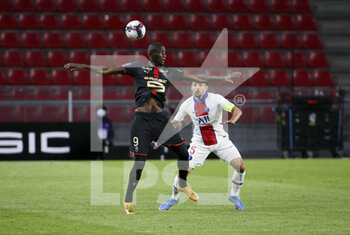 2021-05-09 - Serhou Guirassy of Rennes, Marquinhos of PSG during the French championship Ligue 1 football match between Stade Rennais and Paris Saint-Germain on May 9, 2021 at Roazhon Park in Rennes, France - Photo Jean Catuffe / DPPI - STADE RENNAIS VS PARIS SAINT-GERMAIN (PSG) - FRENCH LIGUE 1 - SOCCER