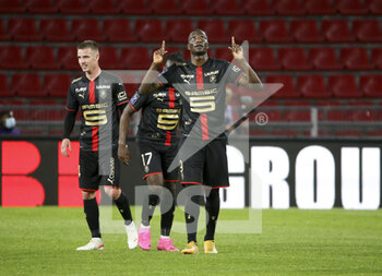 2021-05-09 - Serhou Guirassy of Rennes celebrates his goal during the French championship Ligue 1 football match between Stade Rennais and Paris Saint-Germain on May 9, 2021 at Roazhon Park in Rennes, France - Photo Jean Catuffe / DPPI - STADE RENNAIS VS PARIS SAINT-GERMAIN (PSG) - FRENCH LIGUE 1 - SOCCER