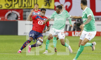 2021-05-16 - Jonathan David of LOSC and Yvan Neyou of Saint-Etienne during the French championship Ligue 1 football match between LOSC Lille and AS Saint-Etienne on May 16, 2021 at Pierre Mauroy stadium in Villeneuve-d'Ascq near Lille, France - Photo Loic Baratoux / DPPI - LOSC LILLE VS AS SAINT-ETIENNE - FRENCH LIGUE 1 - SOCCER