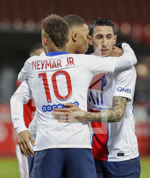 2021-05-23 - Kylian Mbappe, Neymar Jr, Angel Di Maria of PSG celebrating a goal during the French championship Ligue 1 football match between Stade Brestois and Paris Saint-Germain on May 23, 2021 at Francis Le Ble stadium in Brest, France - Photo Loic Baratoux / DPPI - STADE BRESTOIS 29 VS PARIS SAINT-GERMAIN (PSG) - FRENCH LIGUE 1 - SOCCER