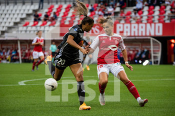 2020-09-11 - Delphine Cascarino of Olympique Lyonnais and Oceane Deslandes of Stade de Reims fight for the ball during the Women's French championship D1 Arkema football match between Stade de Reims and Olympique Lyonnais on September 11, 2020 at Auguste Delaune stadium in Reims, France - Photo Antoine Massinon / A2M Sport Consulting / DPPI - STADE DE REIMS VS OLYMPIQUE LYONNAIS - FRENCH WOMEN DIVISION 1 - SOCCER