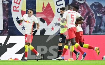 2021-01-30 - Christopher Nkunku of RB Leipzig celebrates after his goal with Dayot Upamecano, Nordi Mukiele during the German championship Bundesliga football match between RB Leipzig and Bayer 04 Leverkusen on January 30, 2021 at Red Bull Arena in Leipzig, Germany - Photo Tim Groothuis / Witters / firo Sportphoto / DPPI - RB LEIPZIG AND BAYER 04 LEVERKUSEN - GERMAN BUNDESLIGA - SOCCER