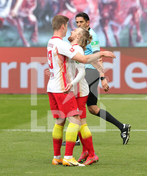 2021-04-25 - Emil Forsberg of RB Leipzig celebrates after his goal with Alexander Sorloth during the German championship Bundesliga football match between Red Bull Leipzig and VfB Stuttgart on April 25, 2021 at Red Bull Arena in Leipzig, Germany - Photo Ralf Ibing / firo Sportphoto / DPPI - RED BULL LEIPZIG VS VFB STUTTGART - GERMAN BUNDESLIGA - SOCCER