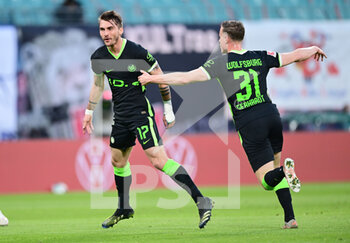 2021-05-16 - Maximilian Philipp of Wolfsburg celebrates his goal 0-1 with Yannick Gerhardt during the German championship Bundesliga football match between RB Leipzig and VfL Wolfsburg on May 16, 2021 at Red Bull Arena in Leipzig, Germany - Photo Valeria Witters / Witters / firo Sportphoto / DPPI - RB LEIPZIG VS VFL WOLFSBURG - GERMAN BUNDESLIGA - SOCCER
