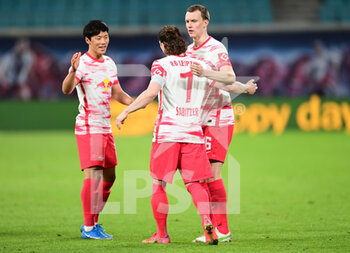 2021-05-16 - Marcel Sabitzer of Leipzig celebrates after his goal 2-2 with Hee-Chan Hwang, Lukas Klostermann during the German championship Bundesliga football match between RB Leipzig and VfL Wolfsburg on May 16, 2021 at Red Bull Arena in Leipzig, Germany - Photo Valeria Witters / Witters / firo Sportphoto / DPPI - RB LEIPZIG VS VFL WOLFSBURG - GERMAN BUNDESLIGA - SOCCER