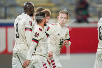 2021-03-24 - Thorgan Hazard of Belgium celebrating his goal during the FIFA World Cup 2022, Qualifiers Group E football match between Belgium and Wales on March 24, 2021 at King Power at Den Dreef Stadion in Leuven, Belgium - Photo Jeroen Meuwsen / Orange Pictures / DPPI - FIFA WORLD CUP 2020 QUALIFIERS - BELGIUM AND WALES - FIFA WORLD CUP - SOCCER