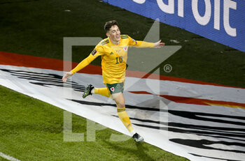 2021-03-24 - Harry Wilson of Wales celebrates his goal during the FIFA World Cup 2022, Qualifiers Group E football match between Belgium and Wales on March 24, 2021 at King Power at Den Dreef Stadion in Leuven, Belgium - Photo Jean Catuffe / DPPI - FIFA WORLD CUP 2020 QUALIFIERS - BELGIUM AND WALES - FIFA WORLD CUP - SOCCER