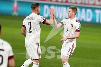 2021-03-24 - Kevin De Bruyne of Belgium celebrates a goal with Toby Alderweireld during the FIFA World Cup 2022, Qualifiers Group E football match between Belgium and Wales on March 24, 2021 at King Power at Den Dreef Stadion in Leuven, Belgium - Photo Laurent Lairys / DPPI - FIFA WORLD CUP 2020 QUALIFIERS - BELGIUM AND WALES - FIFA WORLD CUP - SOCCER