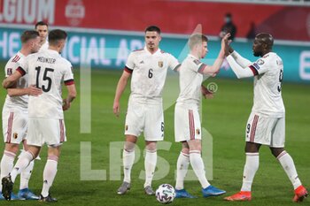 2021-03-24 - Kevin De Bruyne of Belgium celebrates a goal with teammates during the FIFA World Cup 2022, Qualifiers Group E football match between Belgium and Wales on March 24, 2021 at King Power at Den Dreef Stadion in Leuven, Belgium - Photo Laurent Lairys / DPPI - FIFA WORLD CUP 2020 QUALIFIERS - BELGIUM AND WALES - FIFA WORLD CUP - SOCCER