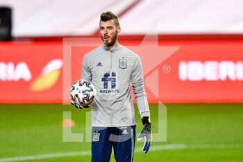 2021-03-25 - David de Gea of Spain warms up during the 2022 FIFA World Cup, Qualifiers, Group B football match between Spain and Greece on March 25, 2021 at Estadio Municipal Nuevo Los Carmenes in Granada, Spain - Photo Pablo Morano / Orange Pictures / DPPI - 2022 FIFA WORLD CUP, QUALIFIERS, GROUP B - SPAIN AND GREECE - FIFA WORLD CUP - SOCCER