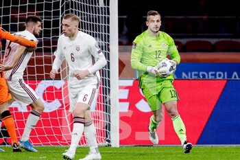 2021-03-27 - Goalkeeper Roberts Ozols of Latvia during the 2022 FIFA World Cup, Qualifiers, Group G football match between Netherlands and Latvia on March 27, 2021 at Johan Cruijff ArenA in Amsterdam, Netherlands - Photo Broer van den Boom / Orange Pictures / DPPI - QUALIFICAZIONI AI MONDIALI FIFA 2022 - GRUPPO G - PAESI BASSI VS LETTONIA - FIFA WORLD CUP - SOCCER